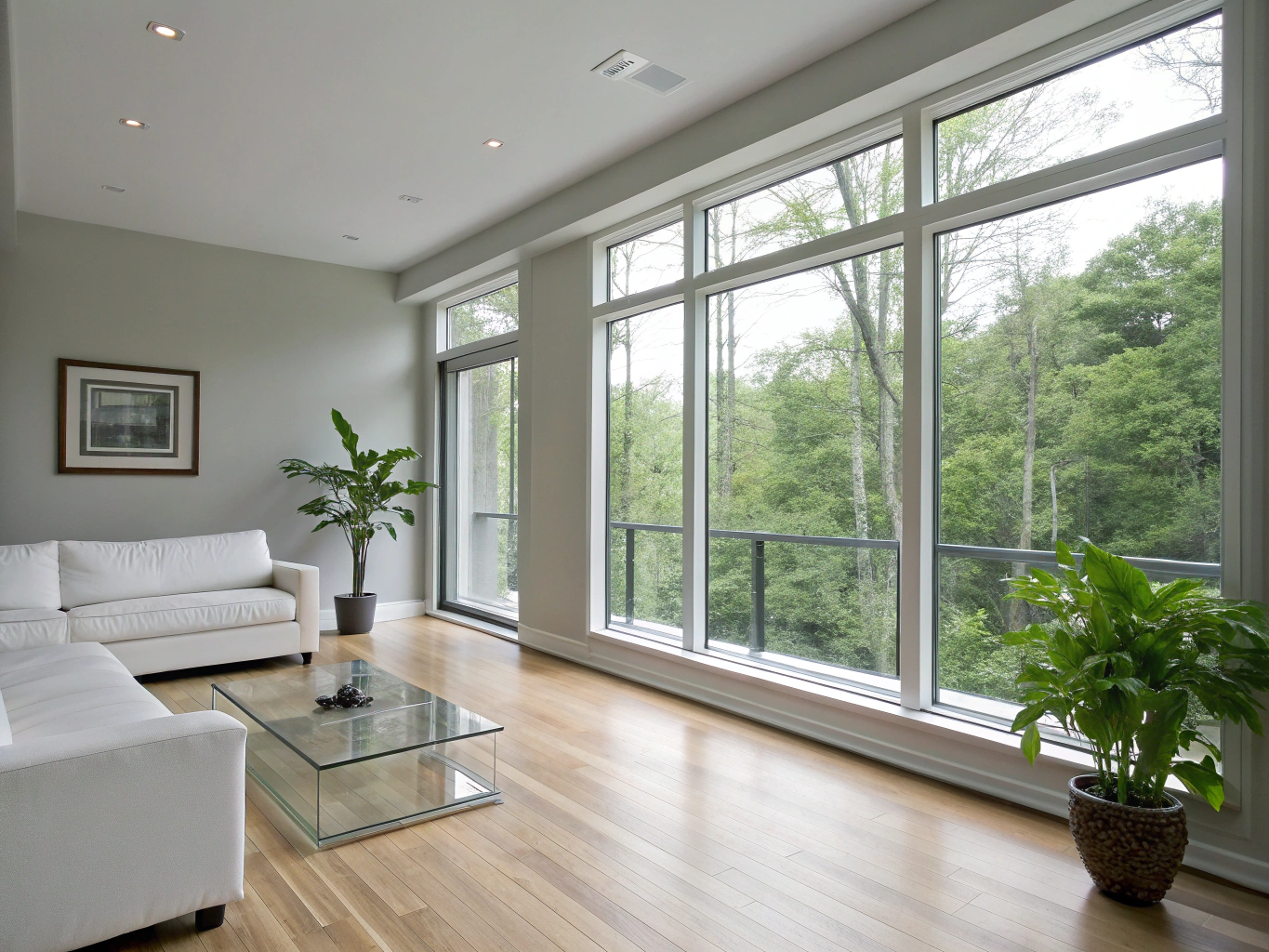 Modern home interior with floor-to-ceiling fixed picture windows overlooking landscaped greenery
