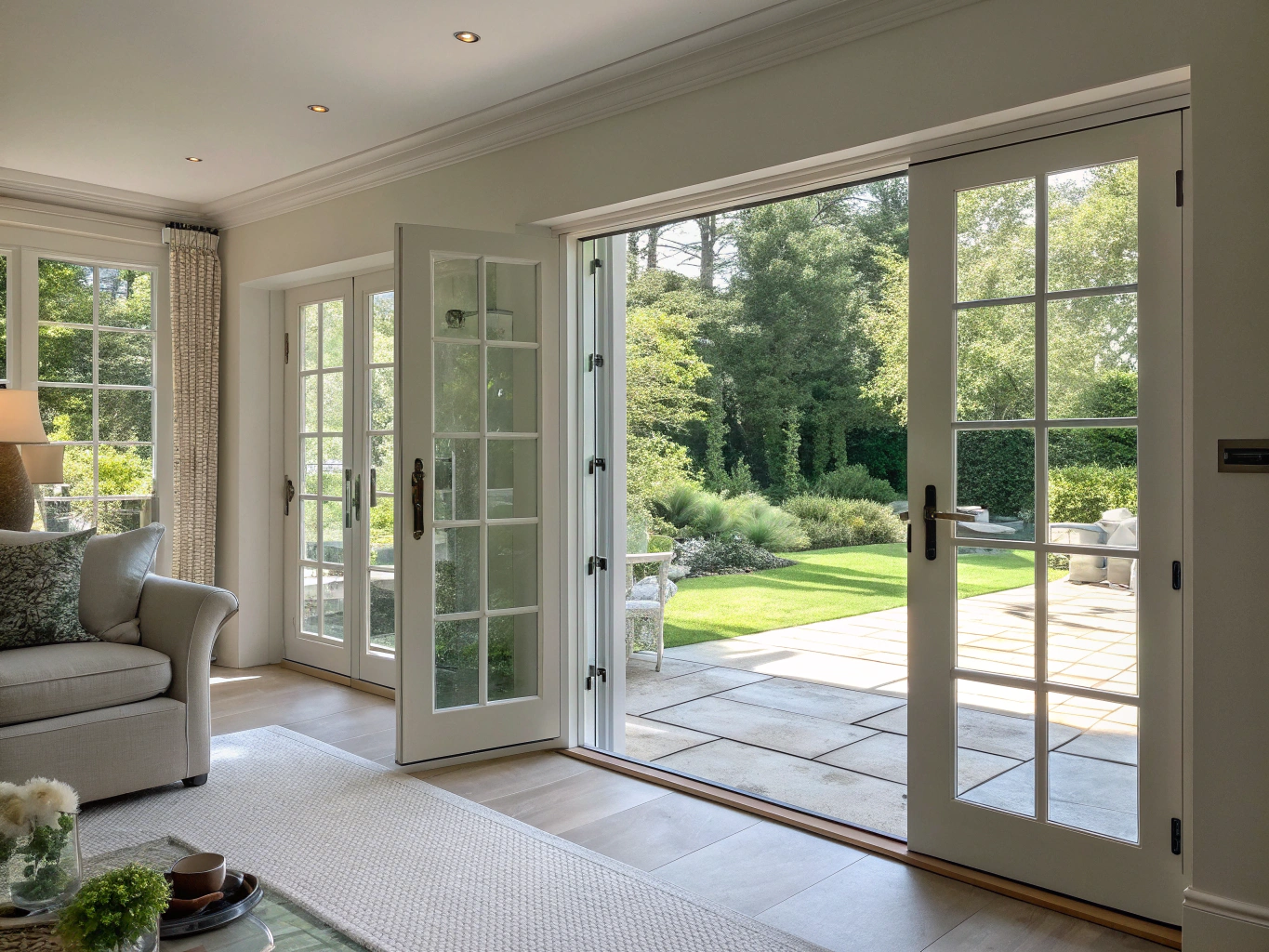 Custom double French doors installed leading out to a landscaped patio in McKinney