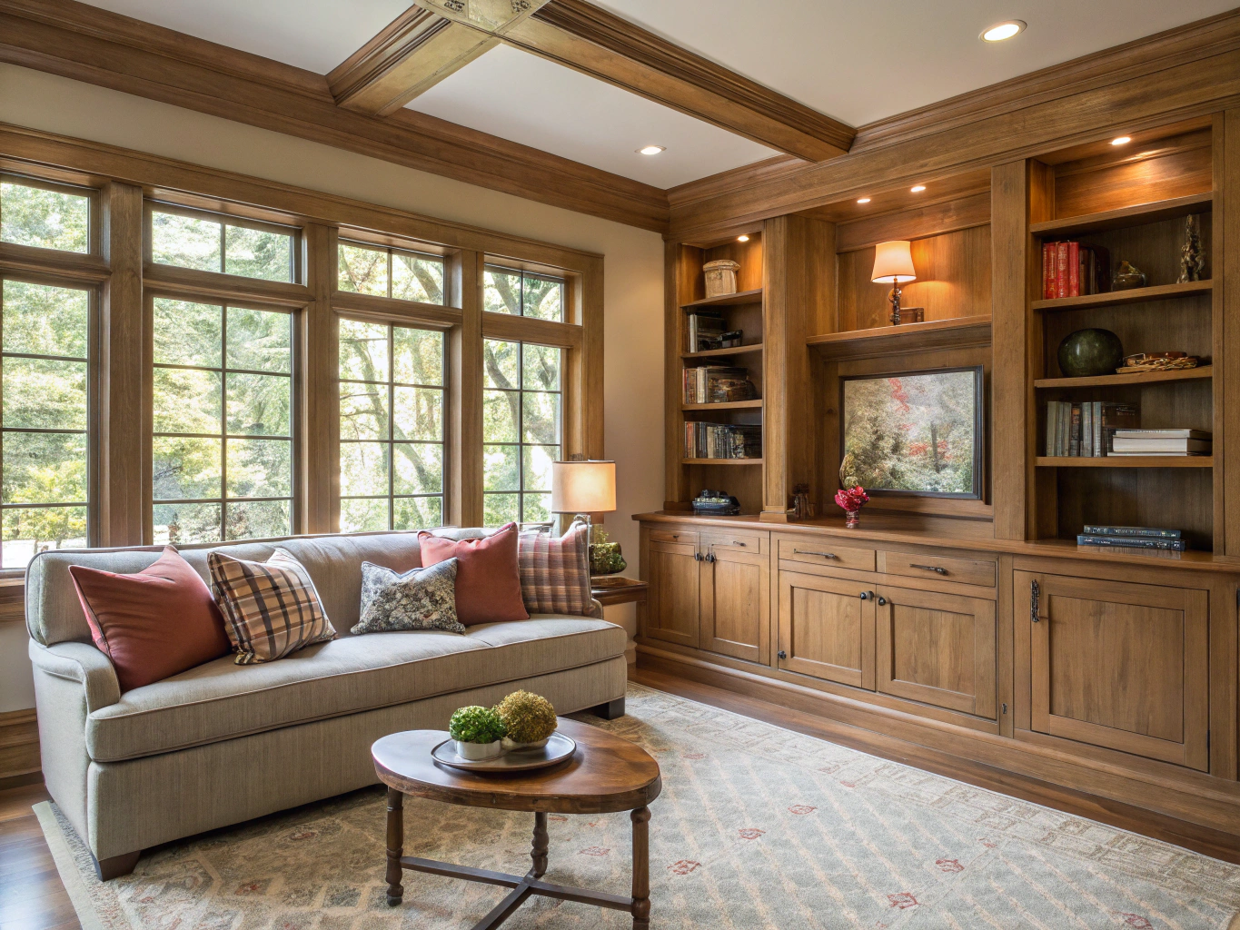 Handcrafted interior wood window casing in a residential living room