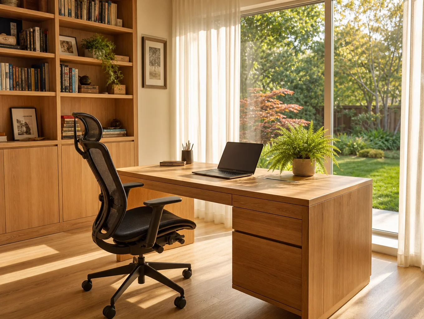 Sunlit home office with expansive multi-pane classic windows overlooking McKinney garden