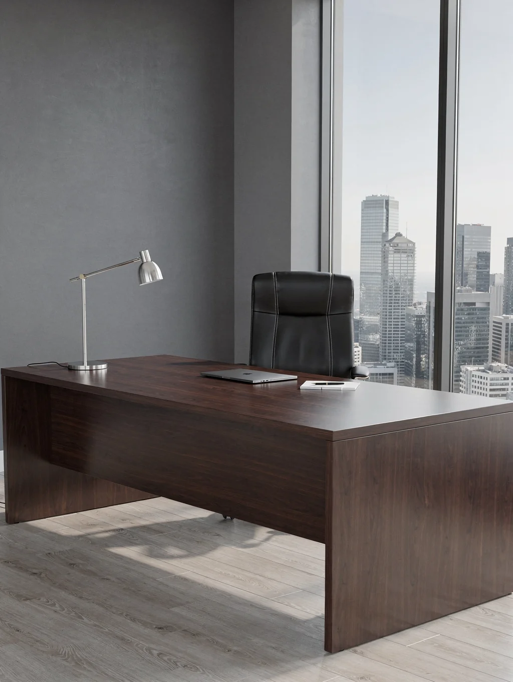 Executive home office interior with sleek sliding windows and panoramic natural lighting
