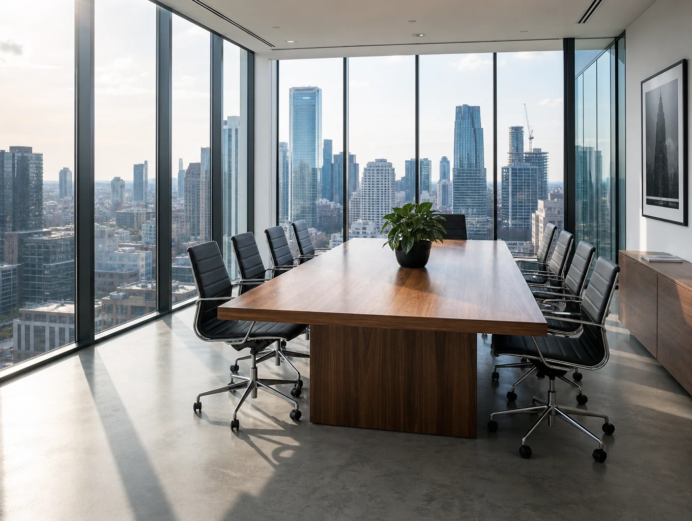 Modern executive office workspace with clean expansive window frames