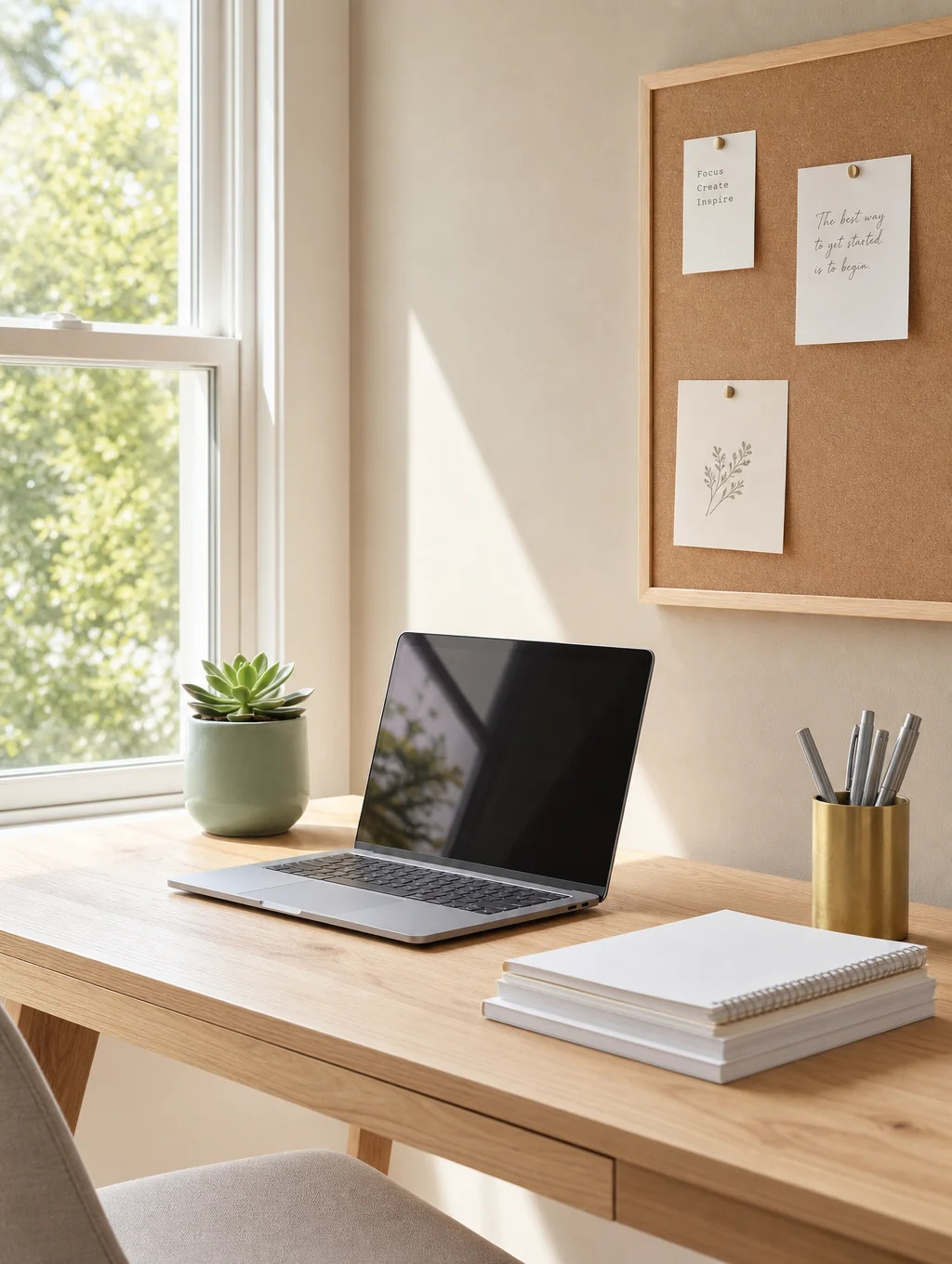 Contemporary home office with tall casement windows letting in natural sunlight