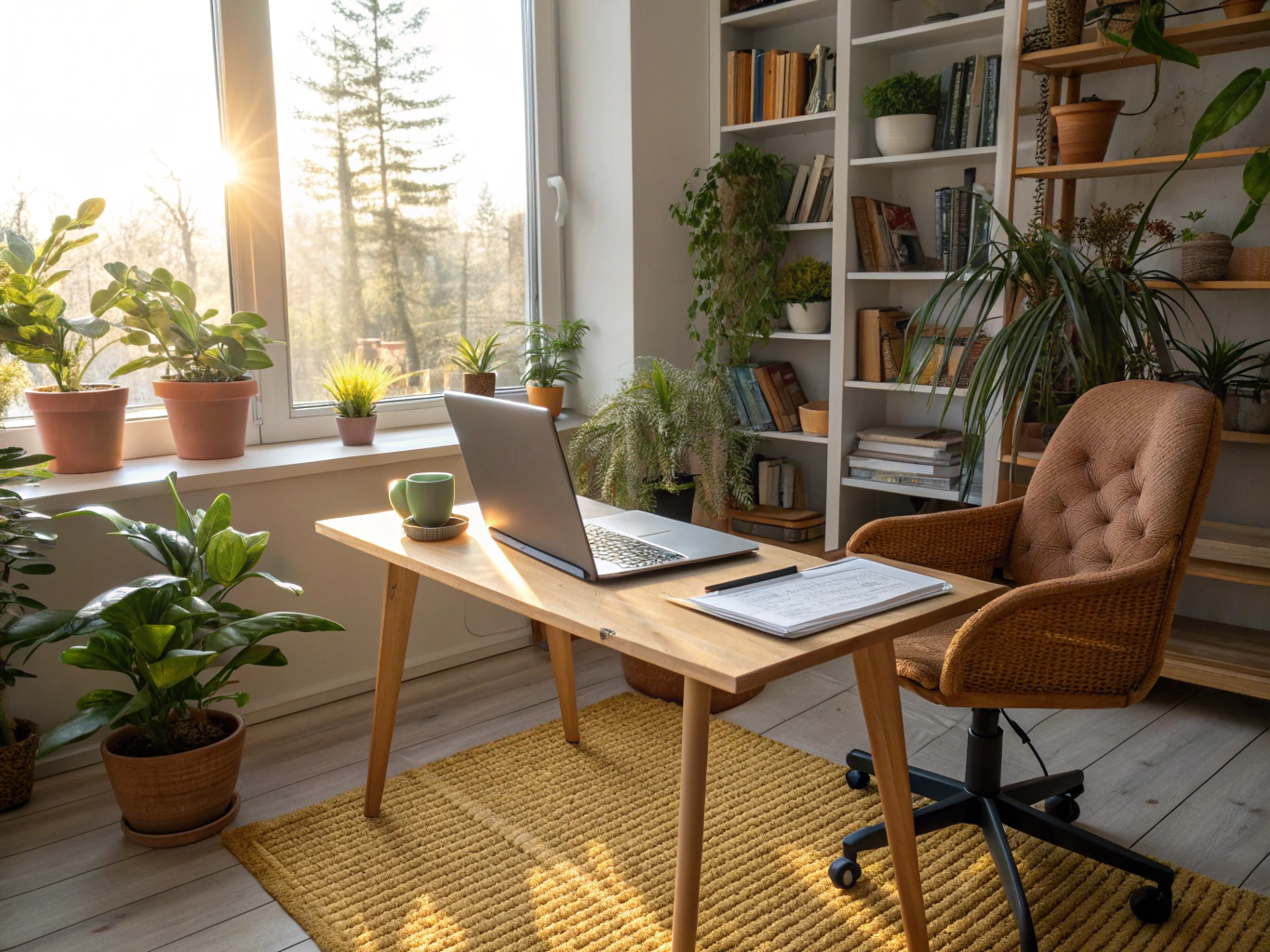 Home office interior with extended bay window alcove providing extra floor area