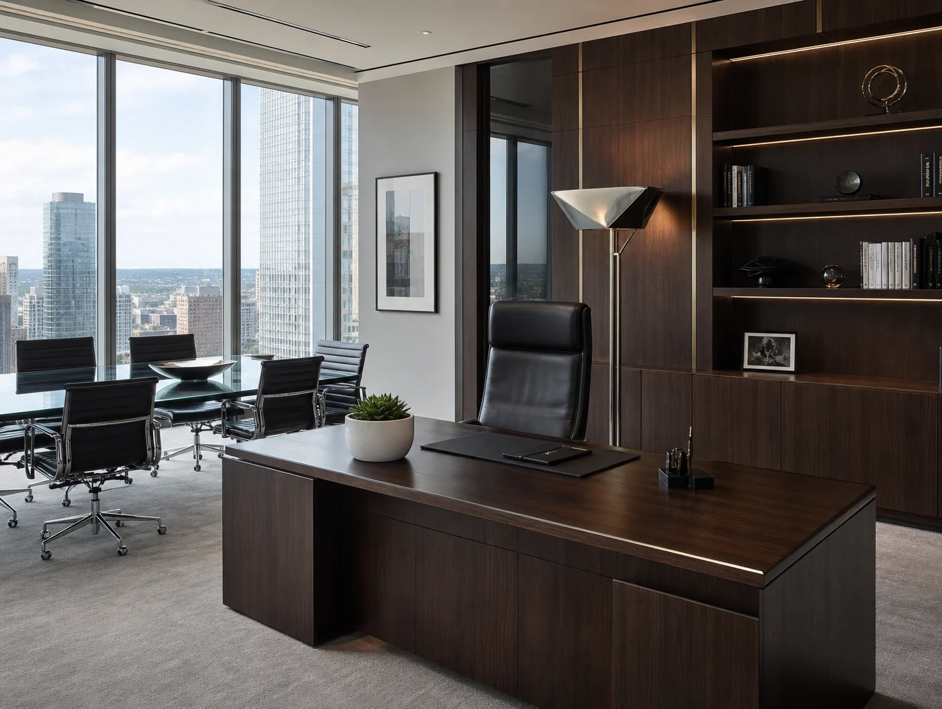 Bright executive office room framed by wide panoramic picture windows looking out into greenery