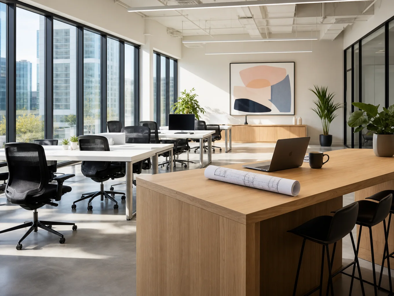 Contemporary office space framed by large, energy-efficient commercial glass windows letting in ample daylight