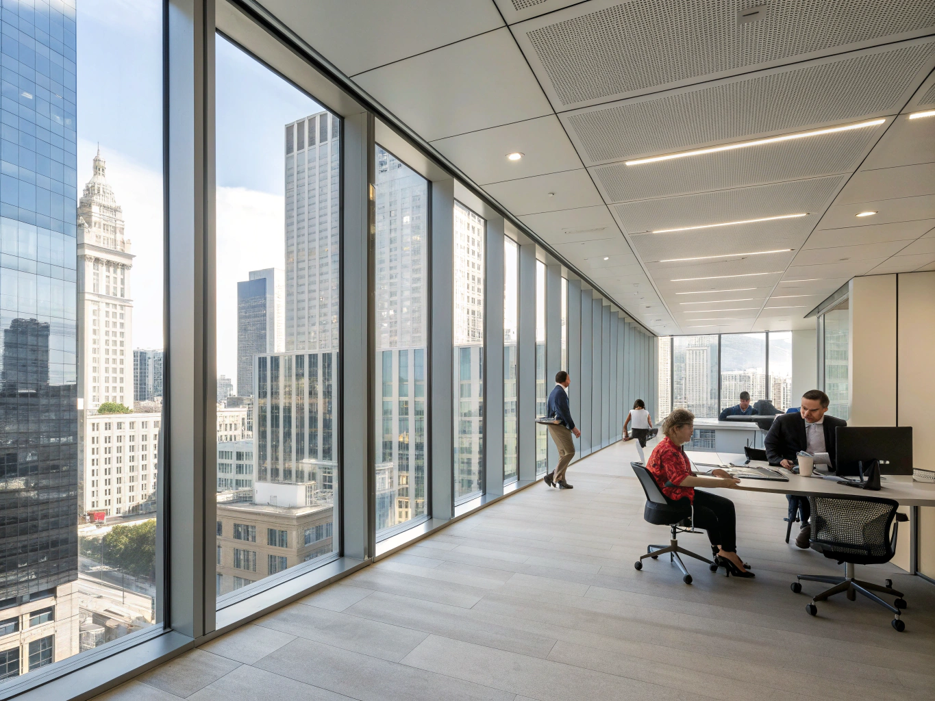 Pella Impervia sleek fiberglass picture windows in a modern office interior
