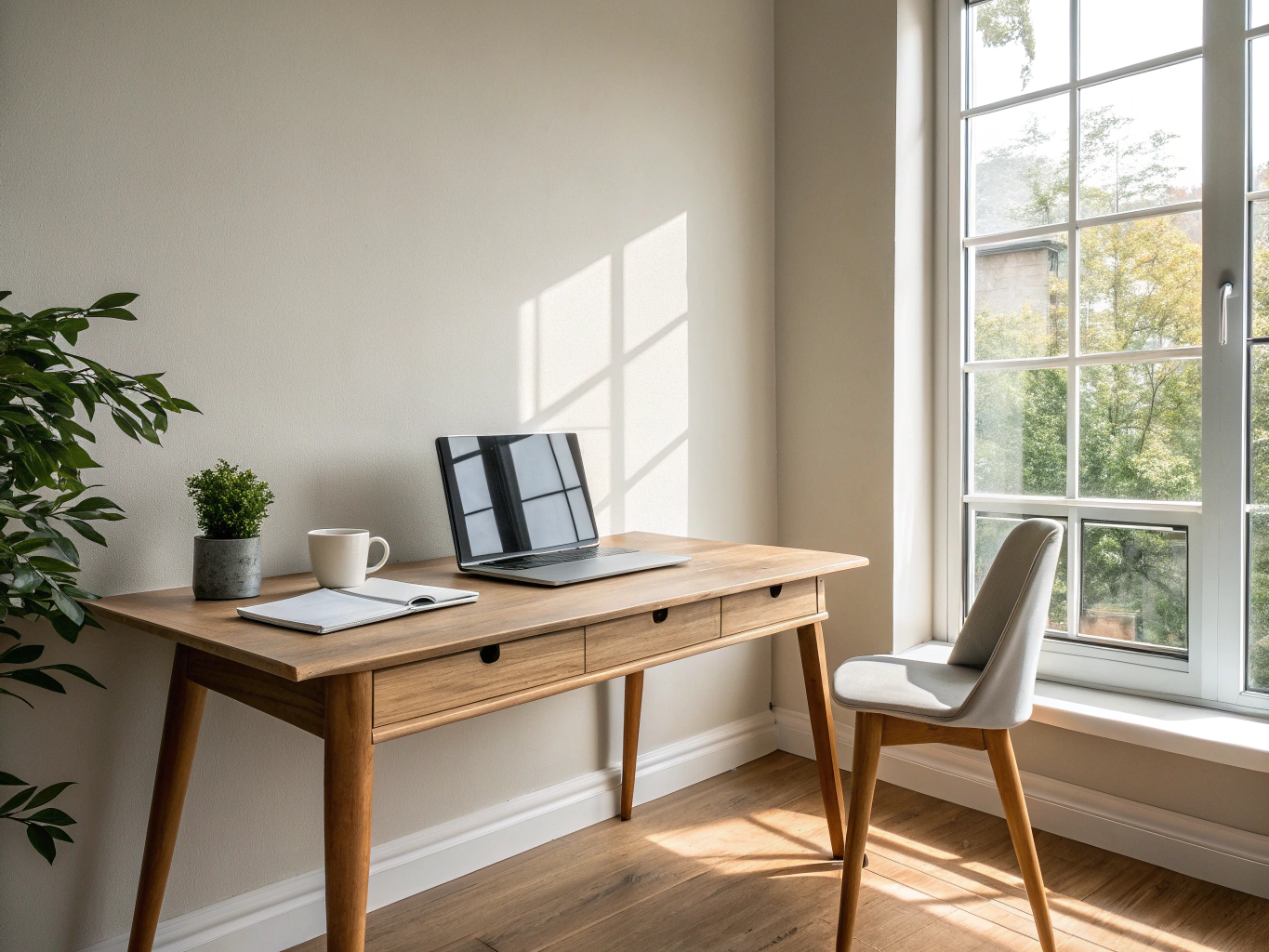 Pella Lifestyle wood casement windows in a bright home office