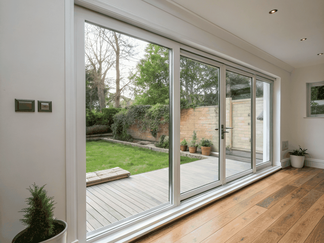 Pella Reserve French inswing patio door connecting an executive office to patio