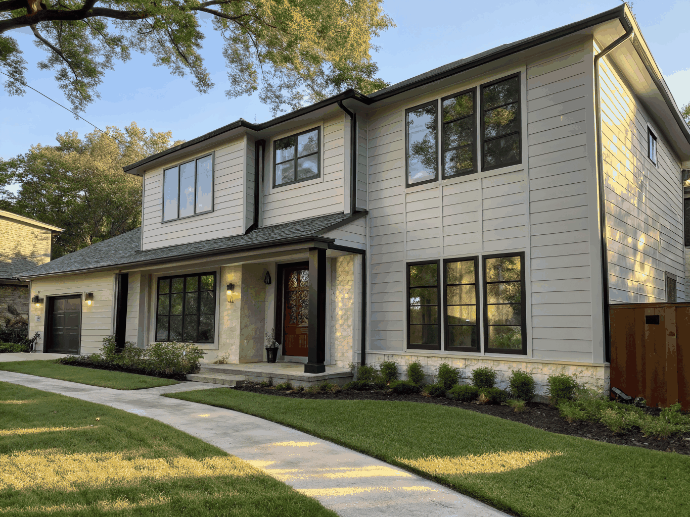 Custom black-frame energy efficient replacement windows installed in a Plano home